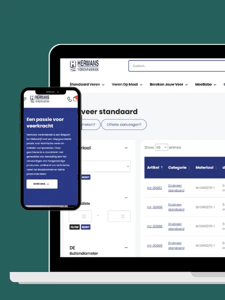 Webshop van Hermans Verenfabriek op laptop en smartphone, gekoppeld aan het interne ERP-systeem