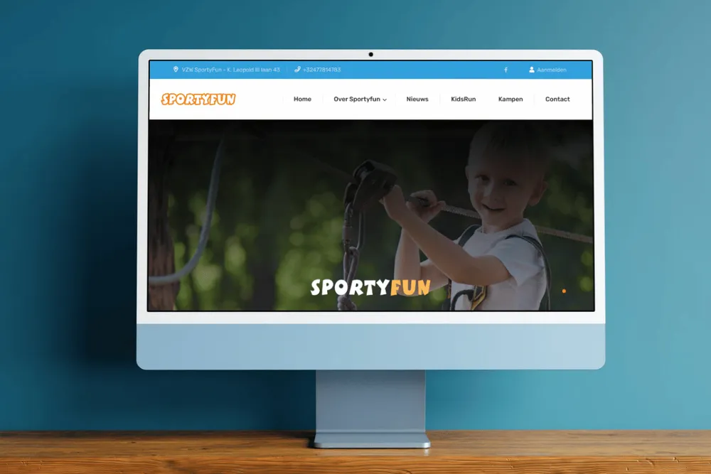 Website van SportyFun met aanmeldmodule op een iMac, ontwikkeld door Gettoweb