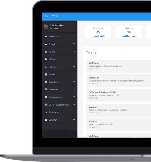 Webapplicatie op maat op een laptop: dashboard met projecten, klanten, offertes, facturen en to-do’s